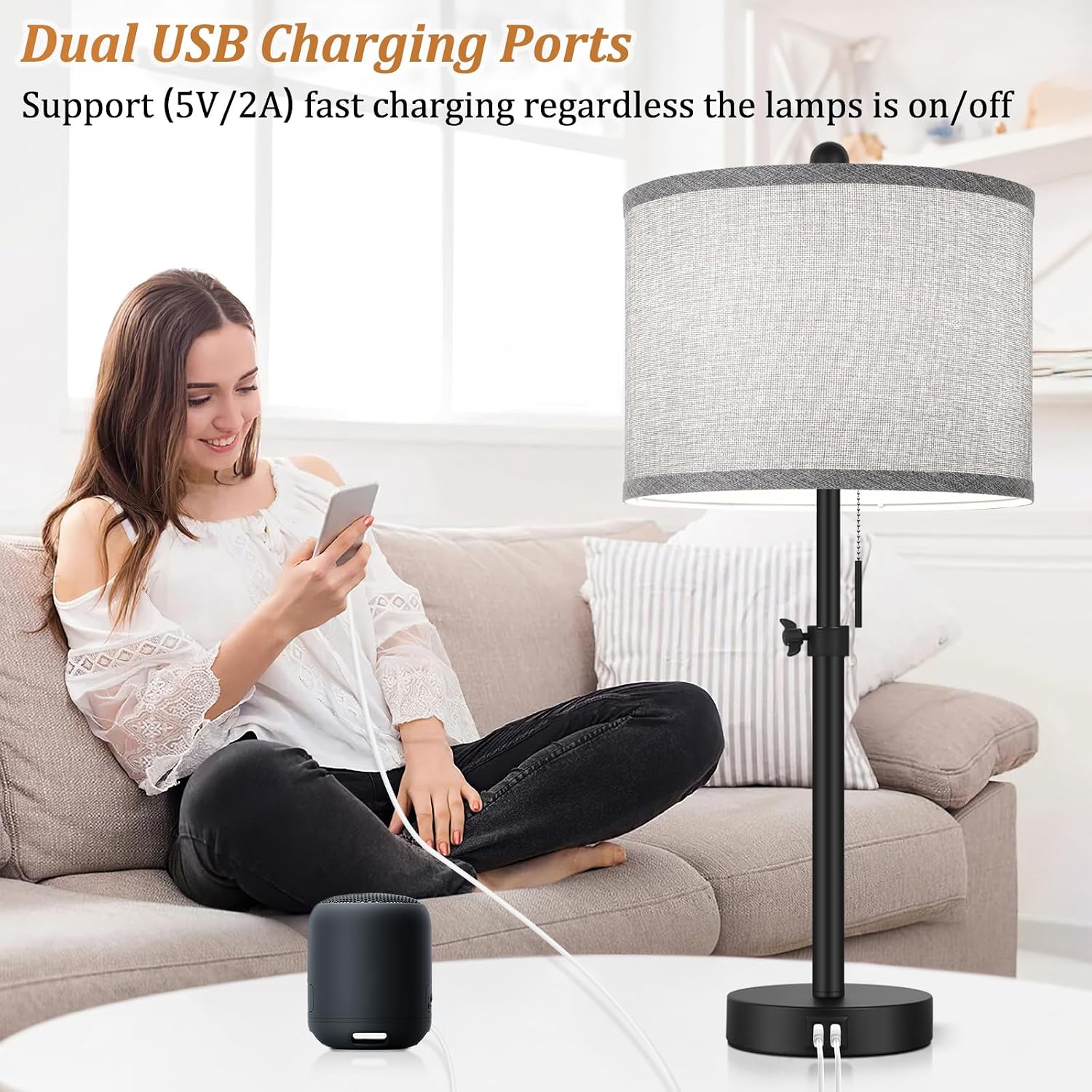Kondras Table Lamps for Bedroom Set of 2, 23''-30'' Adjustable Height Bedside Lamps with 2 USB Ports, Black Nightstand Lamps with Grey…