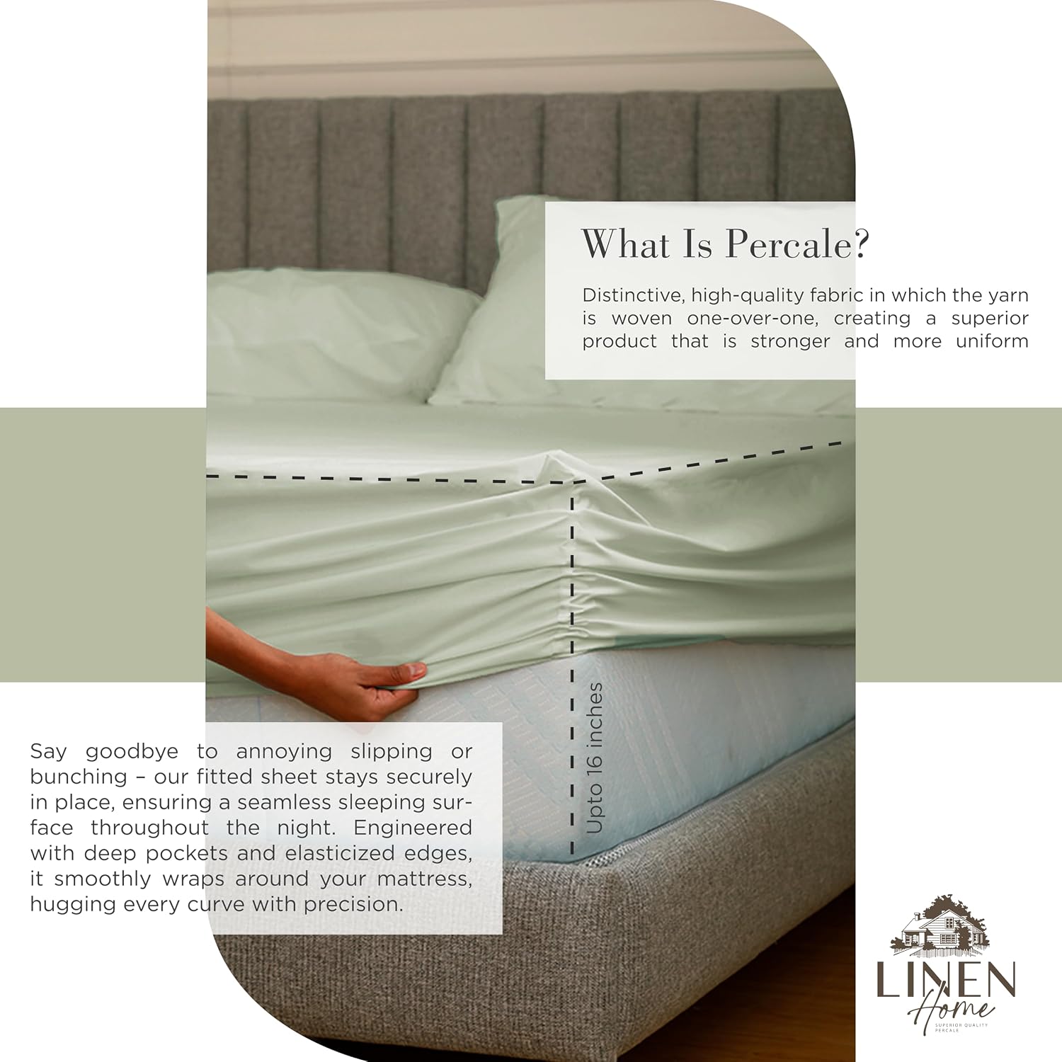 Linen Home 100% Cotton Percale Sheets King Size, Sage, Deep Pocket, 4 Pieces Set - 1 Flat, 1 Deep Pocket Fitted Sheet and 2 Pillowcases…