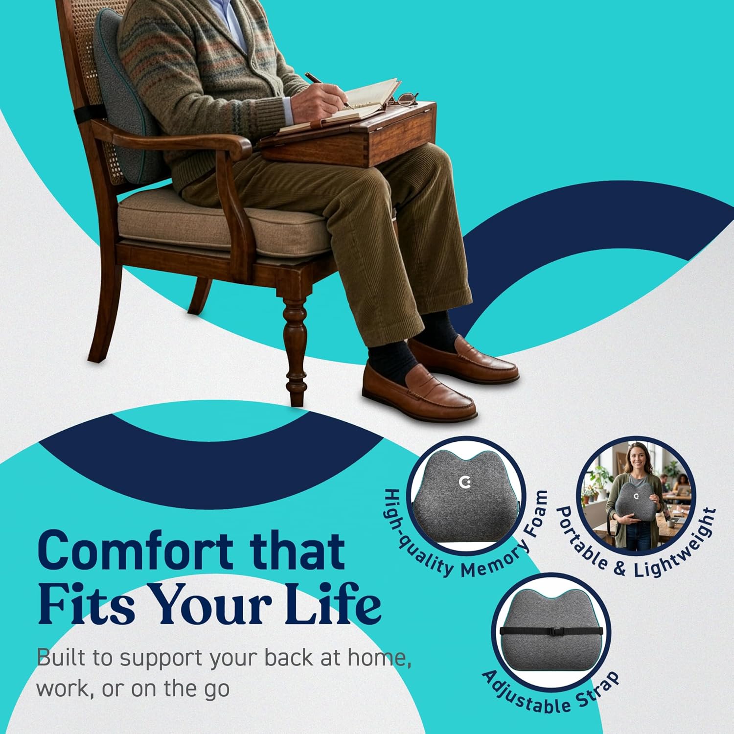 Cubii Cushii V2 Back Support Cushion for Lower Back Support, Lumbar Support Pillow with Contoured Design and Adjustable Strap for Office Ch…