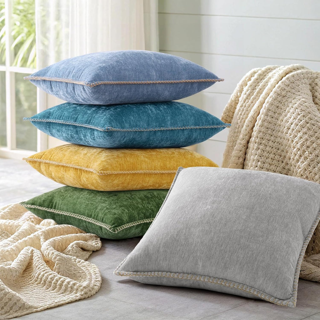 decorUhome Summer Chenille Soft Cozy Throw Pillow Covers 16x16 Set of 2, Modern Farmhouse Boho Velvet Decorative Pillow Cases with Stitched…
