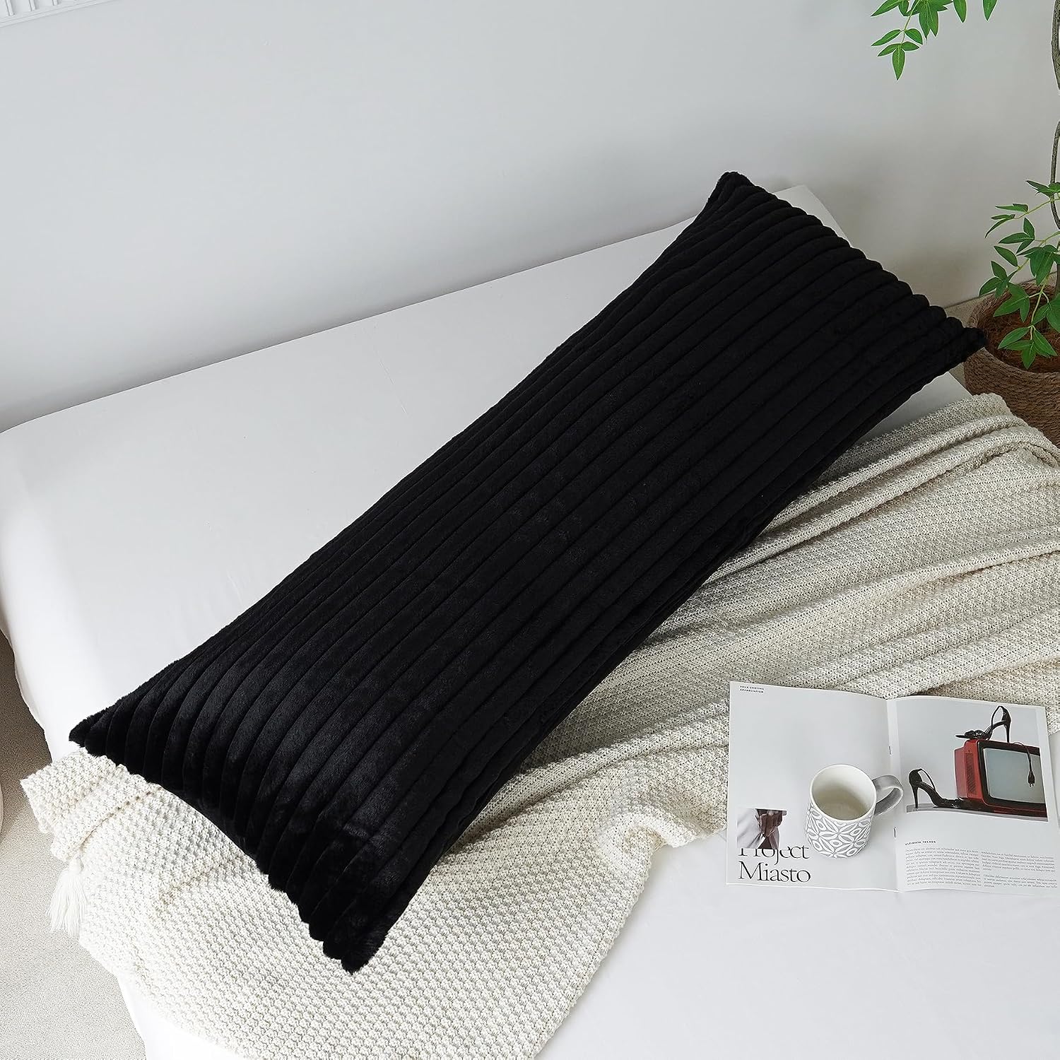 Memfydu Full Body Pillow with Fluffy Stripe Faux Fur Removable Cover, Long Bed Pillow Adult 20x54 Inches for Side Sleeper and Pregnancy, Bl…
