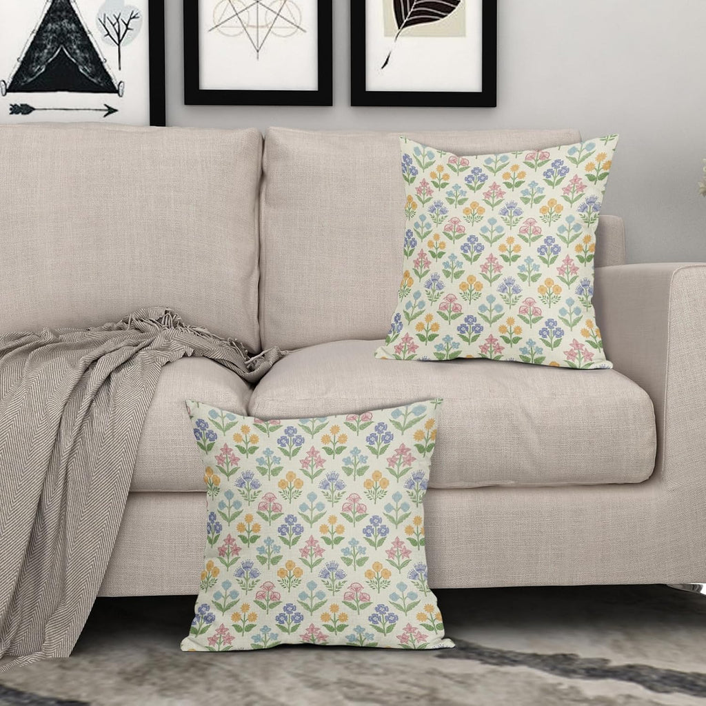 Spring Floral Easter Block Print Pillow Covers 24x24 Inch Set of 2, Pink Yellow Blue Purple Flower Holiday Decorative Throw Pillowcases…