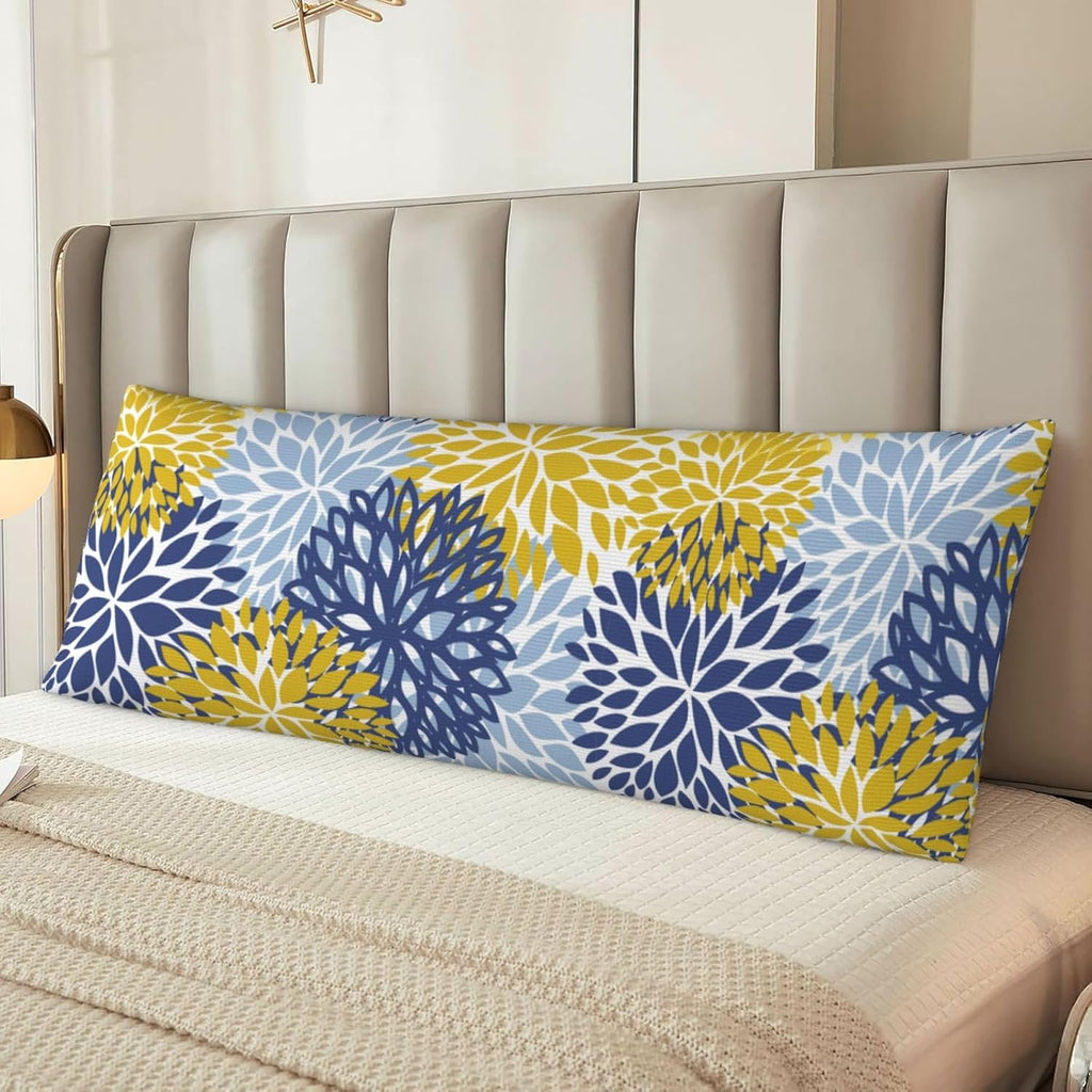 Sovvin Blue Yellow and Navy Chrysanthemum Flowers Body Pillow Cover Floral Long Pillow Case with Zipper Decorative Soft Cushion Bedd…