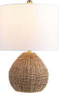 Jonathany JONATHAN Y 20.5" Brown Rattan and Iron LED Table Lamp, Coastal Bohemian Farmhouse Woven Nightstand Lamp with White Linen Drum Sha…