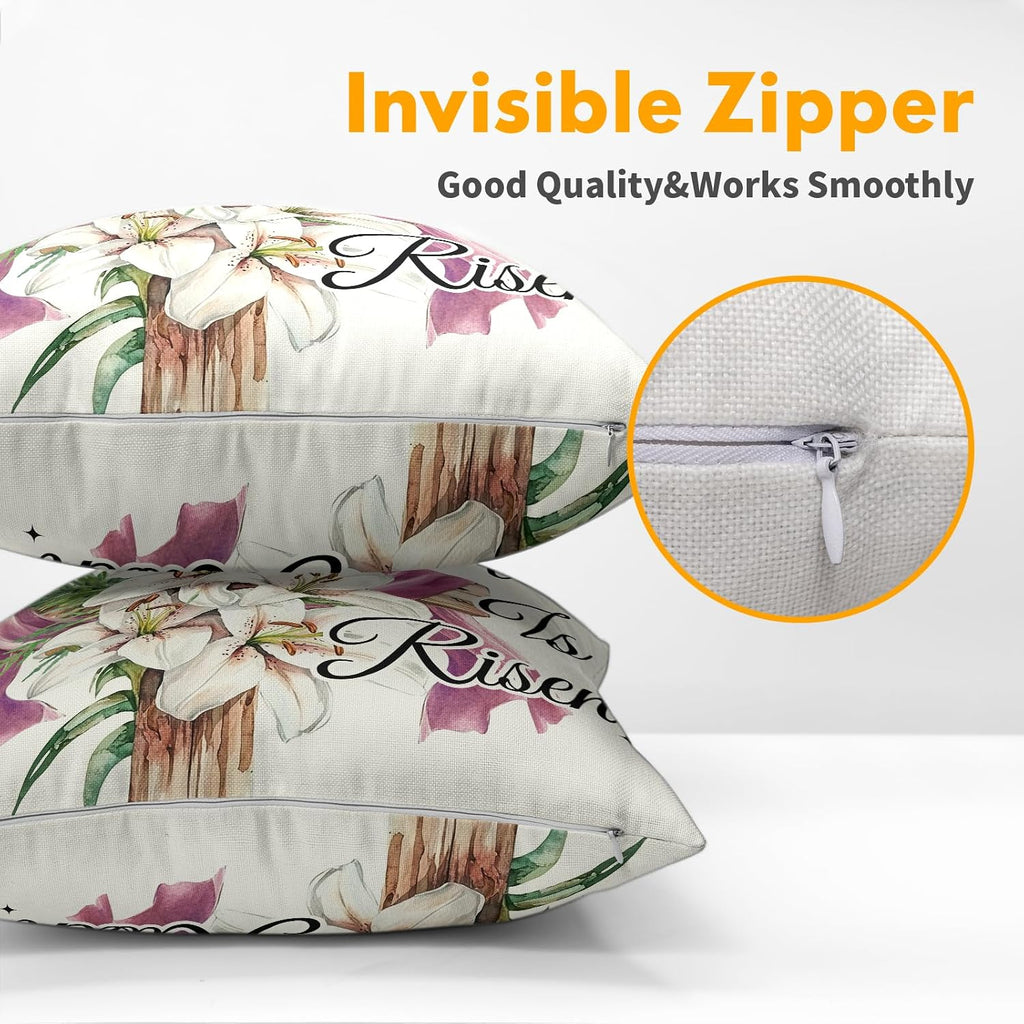 Easter Throw Pillow Covers 18x18 Inch Set of 2 He is Risen Cushion Case Spring Lily Flower Cotton Linen Square Pillowcases Happy Easter…