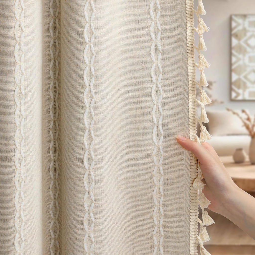 XOGUIBO Boho Blackout Curtains 90 Inches Long Beige Linen Blend 2 Panels with Tassels and Cotton Embroidery, Farmhouse Vintage Rusti…