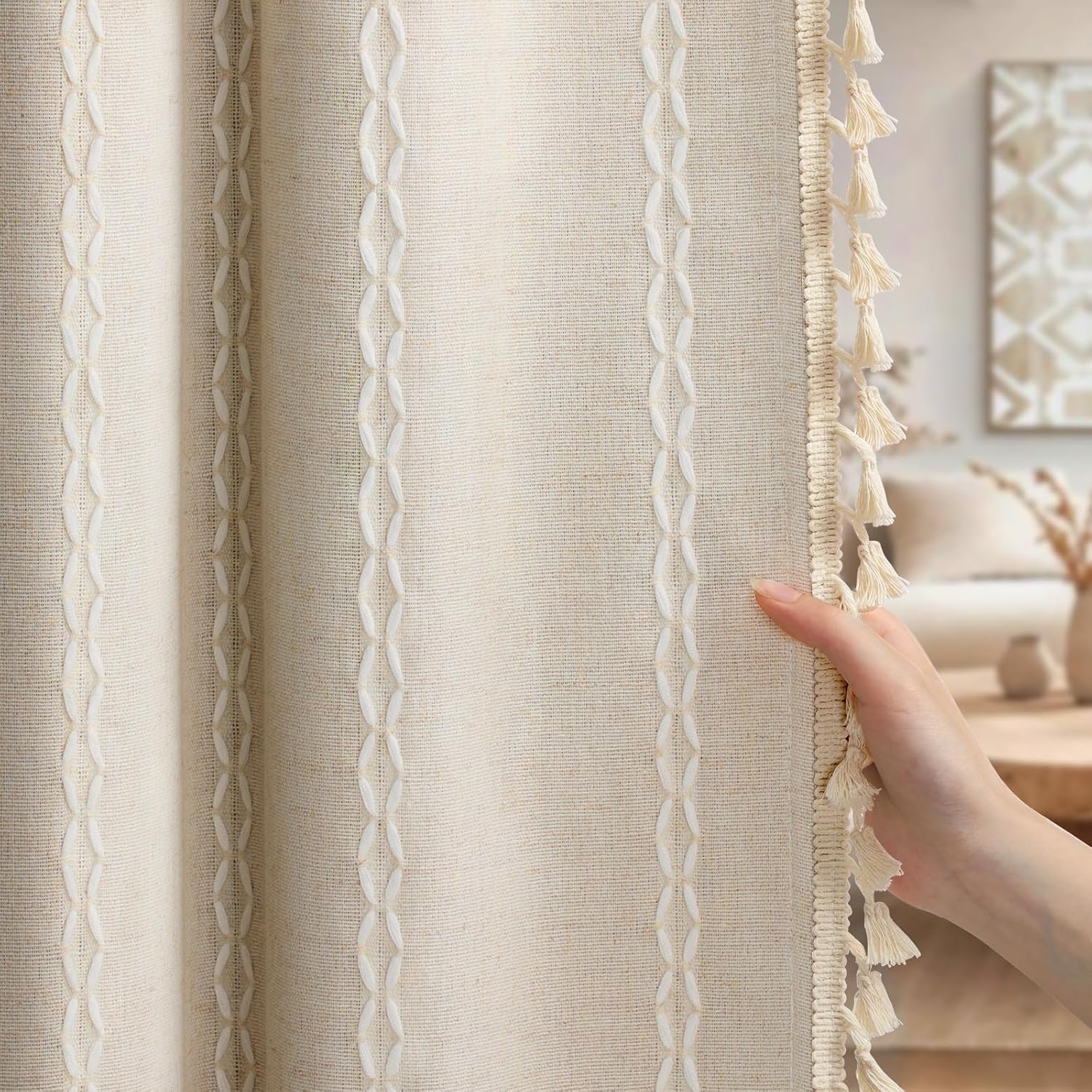 XOGUIBO Boho Blackout Curtains 90 Inches Long Beige Linen Blend 2 Panels with Tassels and Cotton Embroidery, Farmhouse Vintage Rusti…