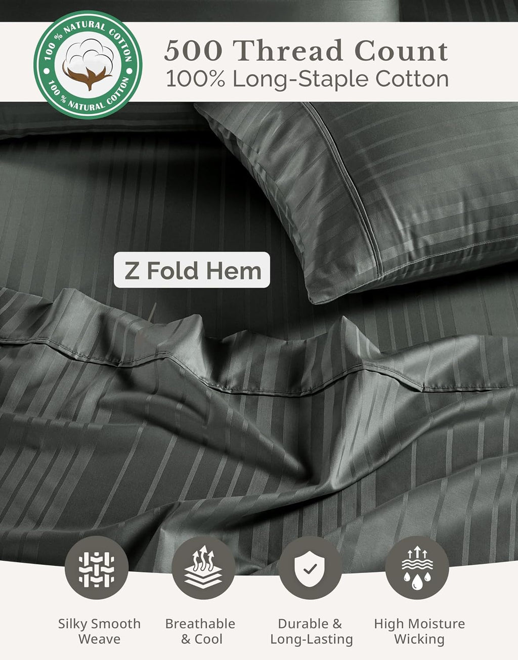 Casa Platino 100% Cotton Sheets King Size - 6 Pcs (1 Flat, 1 Fitted, 4 Pillowcases) - Striped 500 TC - Super Soft & Breathable, Ultra…