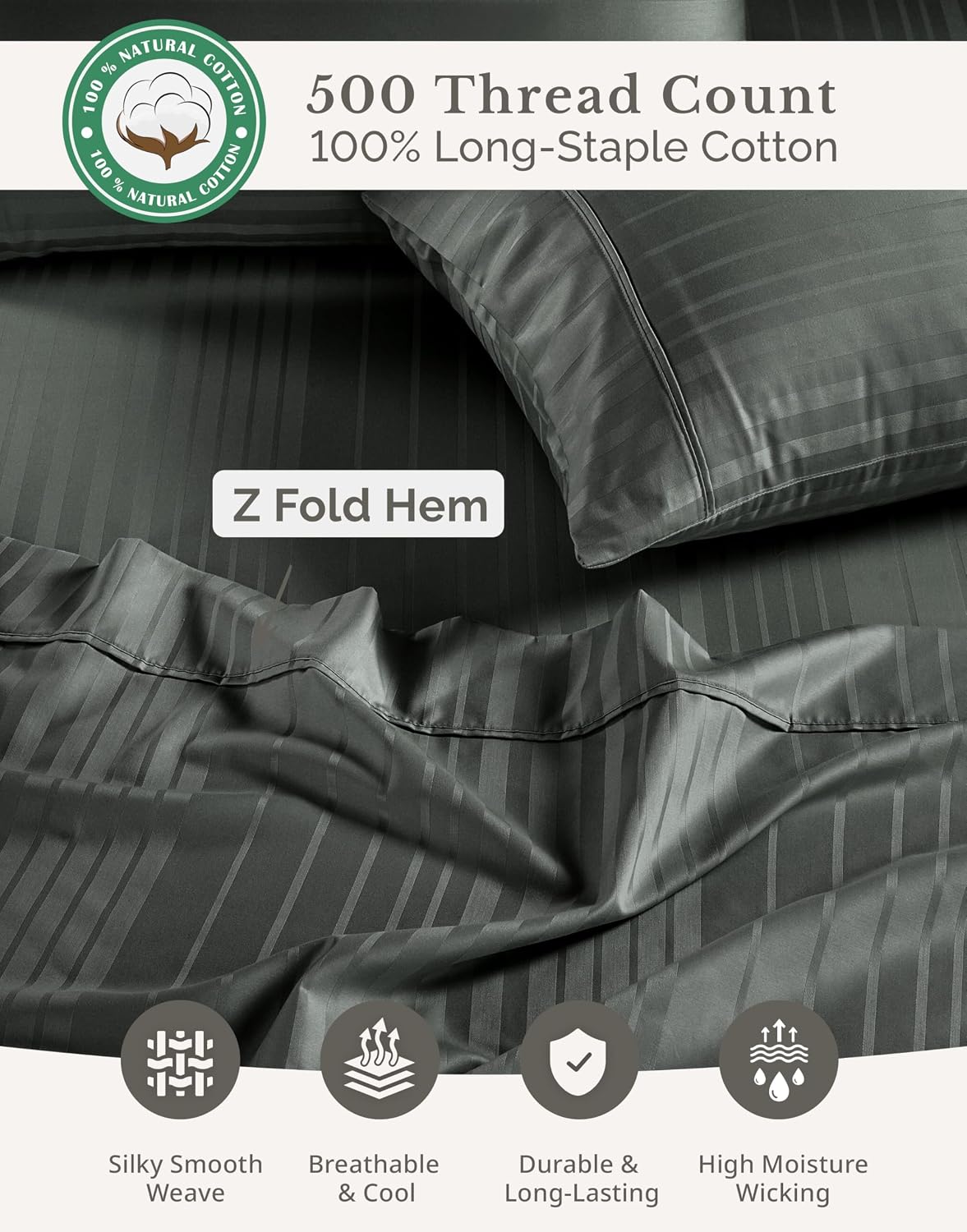 Casa Platino 100% Cotton Sheets King Size - 6 Pcs (1 Flat, 1 Fitted, 4 Pillowcases) - Striped 500 TC - Super Soft & Breathable, Ultra…