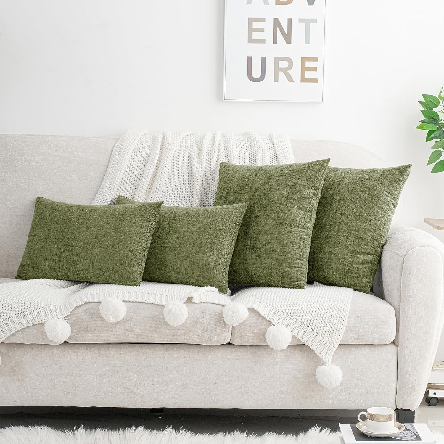 Hwy50 HWY 50 Sage Green Couch Pillow Covers 16x16 Inch Pack of 2, Soft Chenille Decorative Throw Pillow Cases Farmhouse for Spring Sofa Liv…