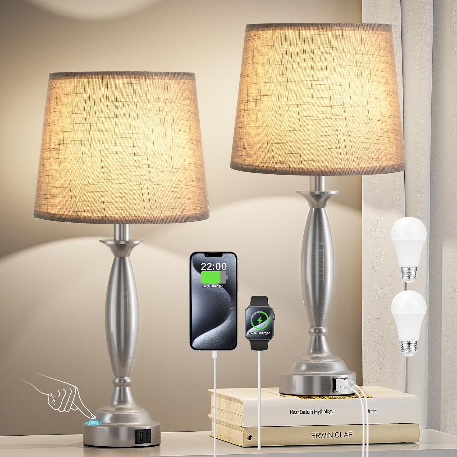 Lamps for Bedrooms Set of 2 - Touch Bedside Lamp with USB C+A, 3 Way Dimmable Nightstand Lamps with USB Port, Brushed Nickel Table Lamp…