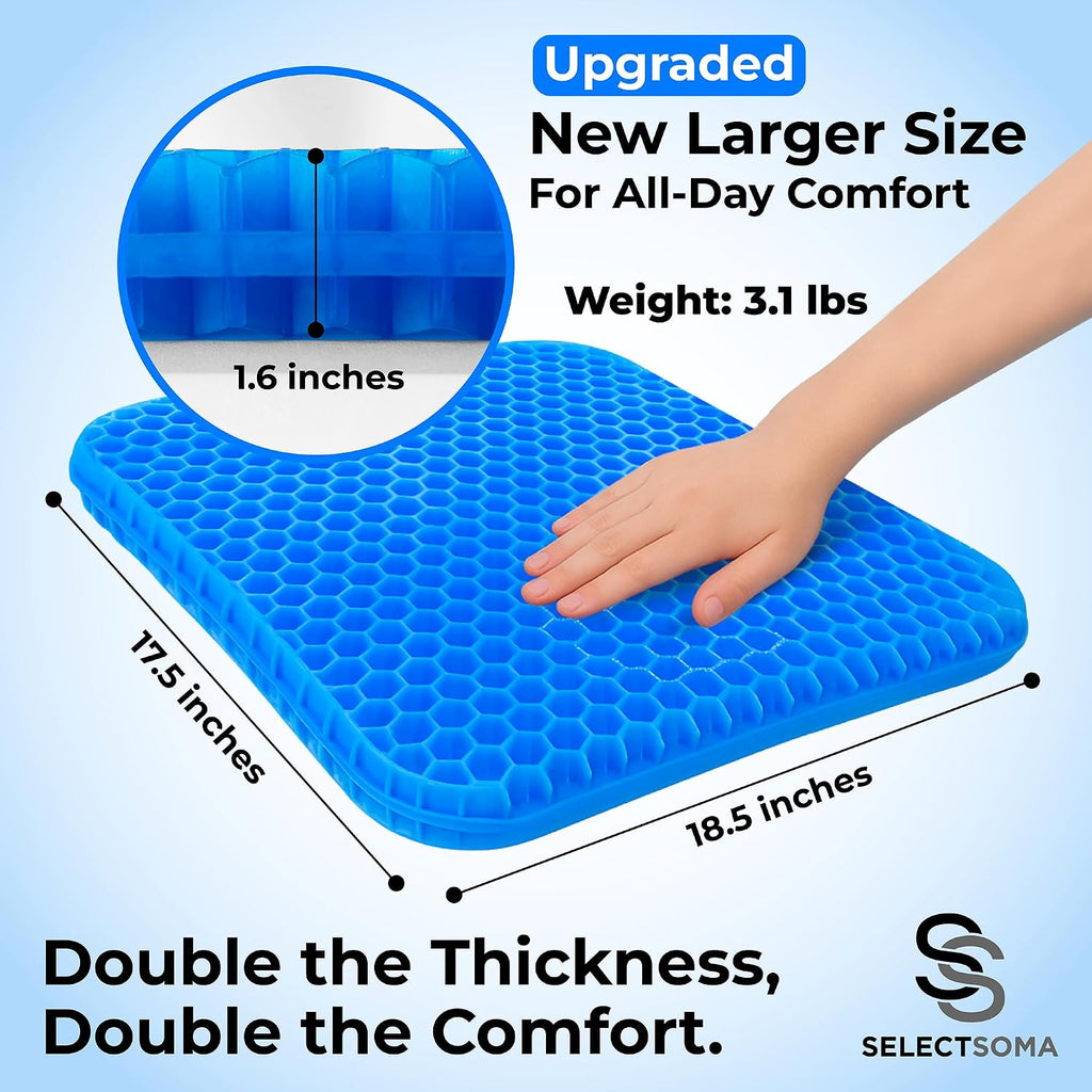 SelectSoma Super Large Gel Seat Cushion for Long Sitting - 18.5" x 17.5" - Breathable Cooling Design - Pressure Relief for Sciatica, Tailbo…