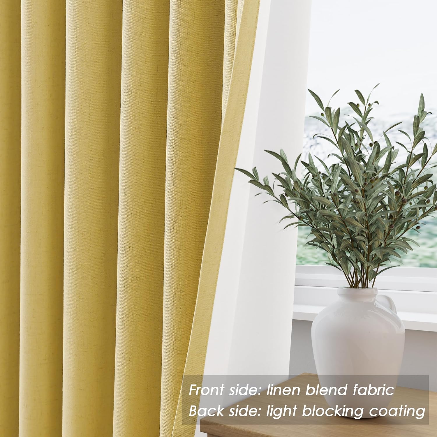 Nanspring Gold 100% Blackout Linen Curtains 84 Inch Length 2 Panels Set for Bedroom Back Tab Modern Farmhouse Decor Black Out Curtain for L…