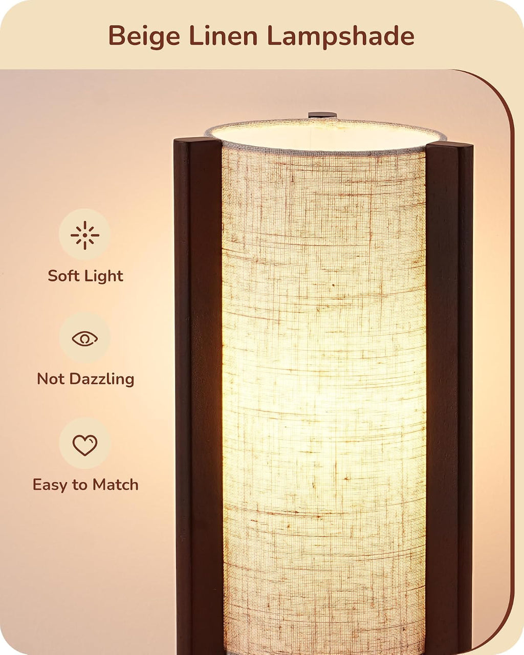 EDISHINE Wood Table Lamp, 13.5" Small Bedside Lamp, Beige Linen Shade, Rosewood Cylinder Nightstand Lamp for Bedroom Living Room, On-Off…