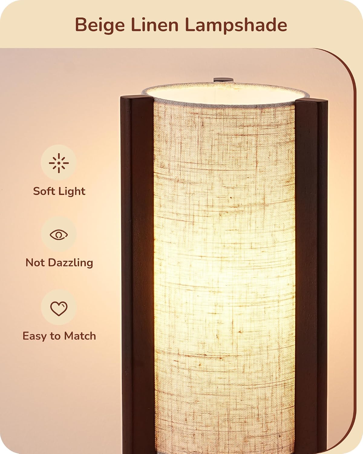 EDISHINE Wood Table Lamp, 13.5" Small Bedside Lamp, Beige Linen Shade, Rosewood Cylinder Nightstand Lamp for Bedroom Living Room, On-Off…
