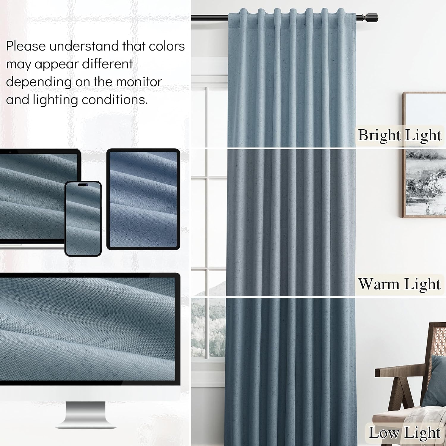 Guken Blue Linen 100% Blackout Curtains 108 Inches Long 2 Panels Set Country Farmhouse Back Tab Hook Belt Black Out Room Darkening Thermal…