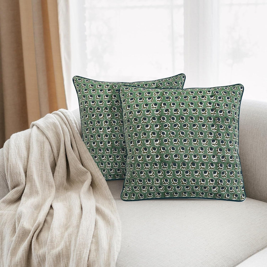 Ridhi Block Print Basil Green Pillow Cover 20" x 20" (Pack of 2) Decorative Couch Pillows for Living Room, Chic Boho Cute Outdoor Pillows C…