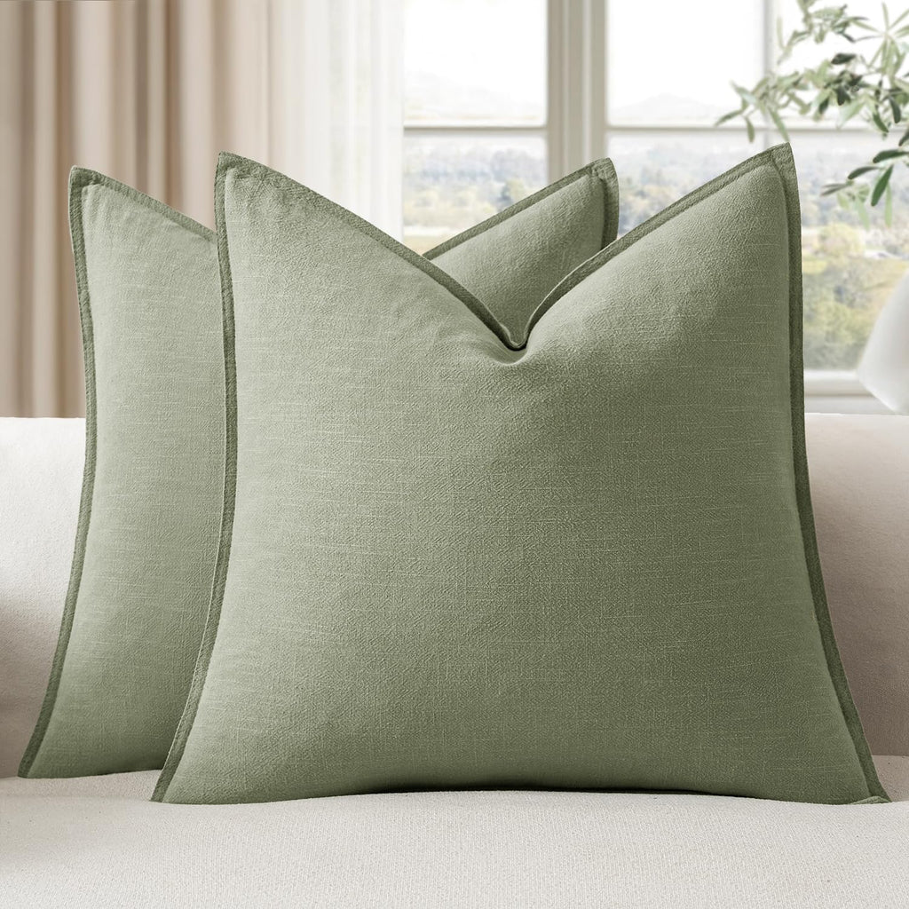 EMEMA Spring Decorative Linen Throw Pillow Covers 20x20 Inch Grass Green Boho Farmhouse Neutral Couch Throw Pillows for Bed Pack of 2…