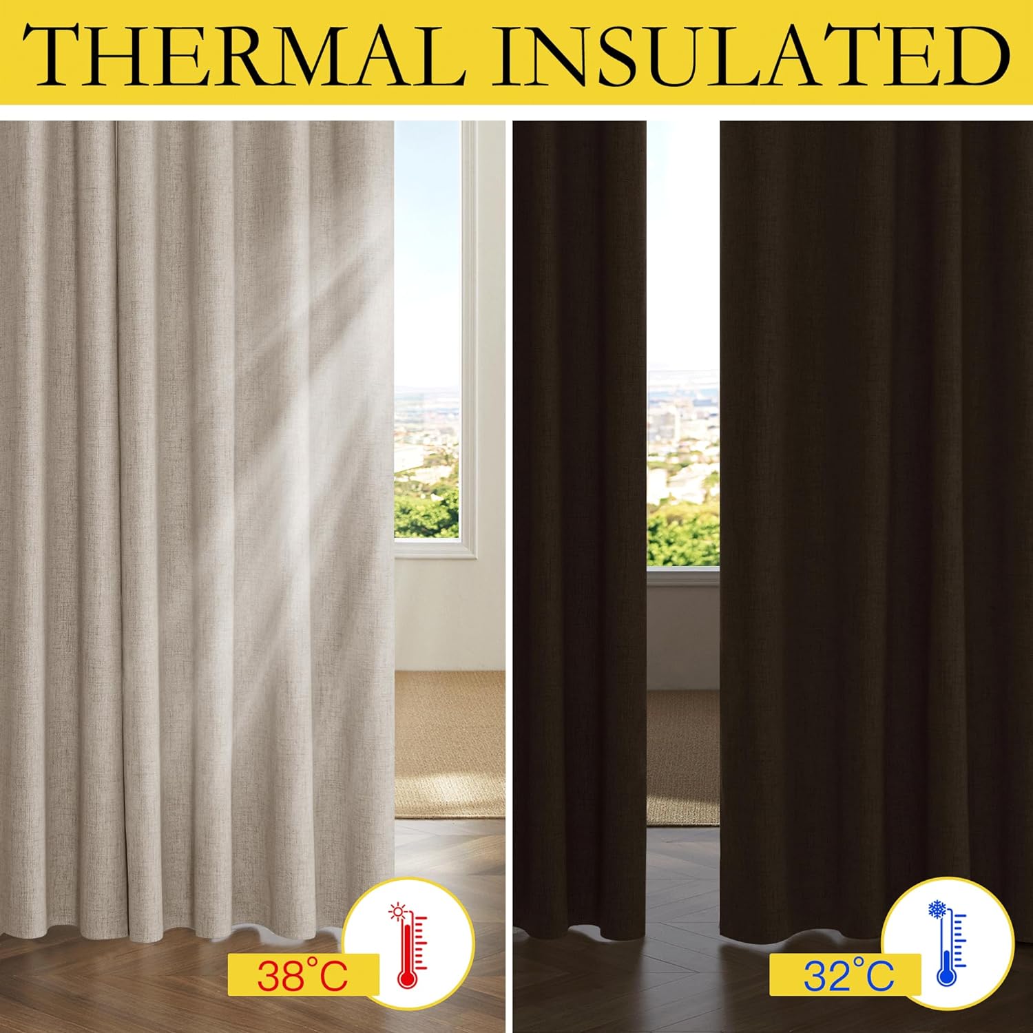 NICETOWN Oatmeal Vintage Open Linen Weave Flax Thermal Curtains, 100% Blackout Curtains 72" Long for Dining Room, Soundproof Window…