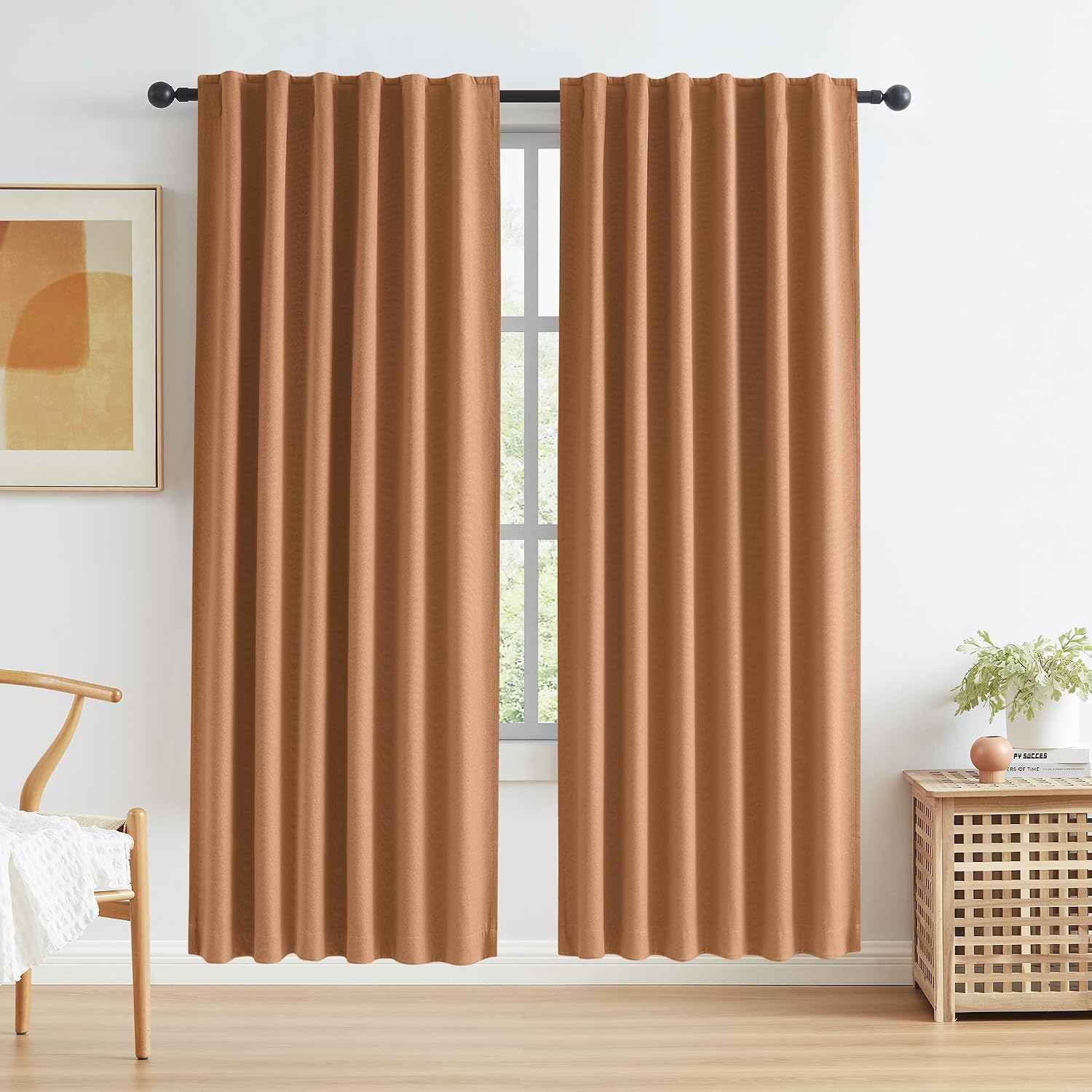 Keqiaosuocai Burnt Orange Blackout Linen Curtains 2 Panels Set 80 Inch Length for Living Room Hook Belt Back Tab Boho Muted Ochre Orange Do…
