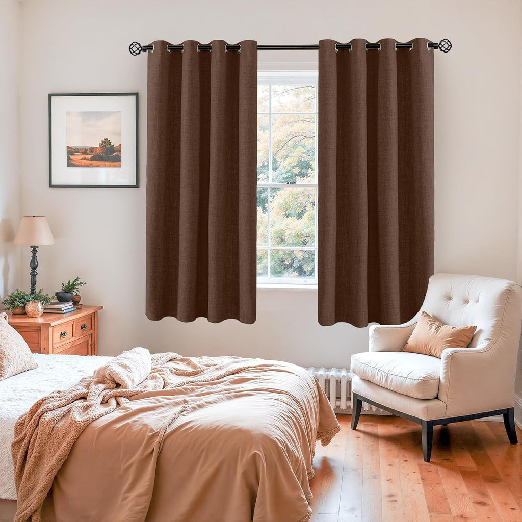 YoungsTex Dark Brown Linen Blackout Curtains 63 Inch Length for Bedroom, Light Blocking Thermal Insulated Drapes with Grommet Room Darkenin…