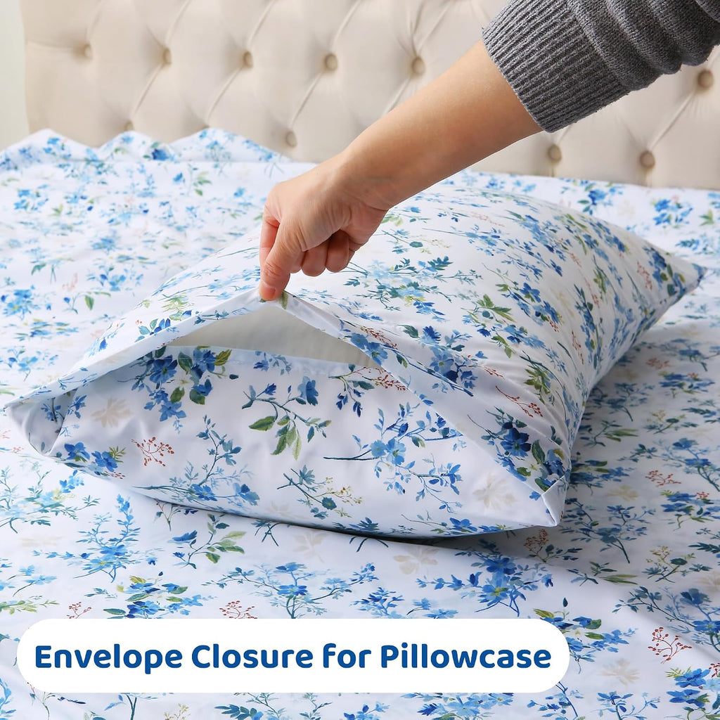 mooreeke Cozy Vintage Microfiber Printed Queen Sheet Set - Soft & Breathable Percale Blue Green Floral Bed Sheets with Extra Deep Pocket -…