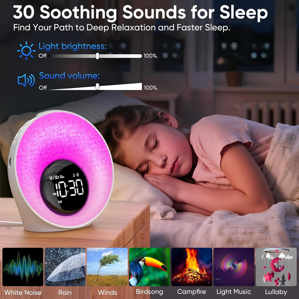 AFEXOA Sunrise Alarm Clock with Wake Up Light, White Noise Machine with 30 Soothing Sounds, 8 Color Dimmable Night Light, Dual Alarms for…