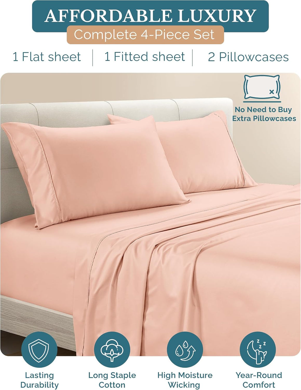 Casa Platino Cotton Twin XL Sheet Set, 4 Piece Sheets with 500 Thread Count 100% Cotton Sheets, Sateen Finish for a Smooth Feel, 15 Inch…