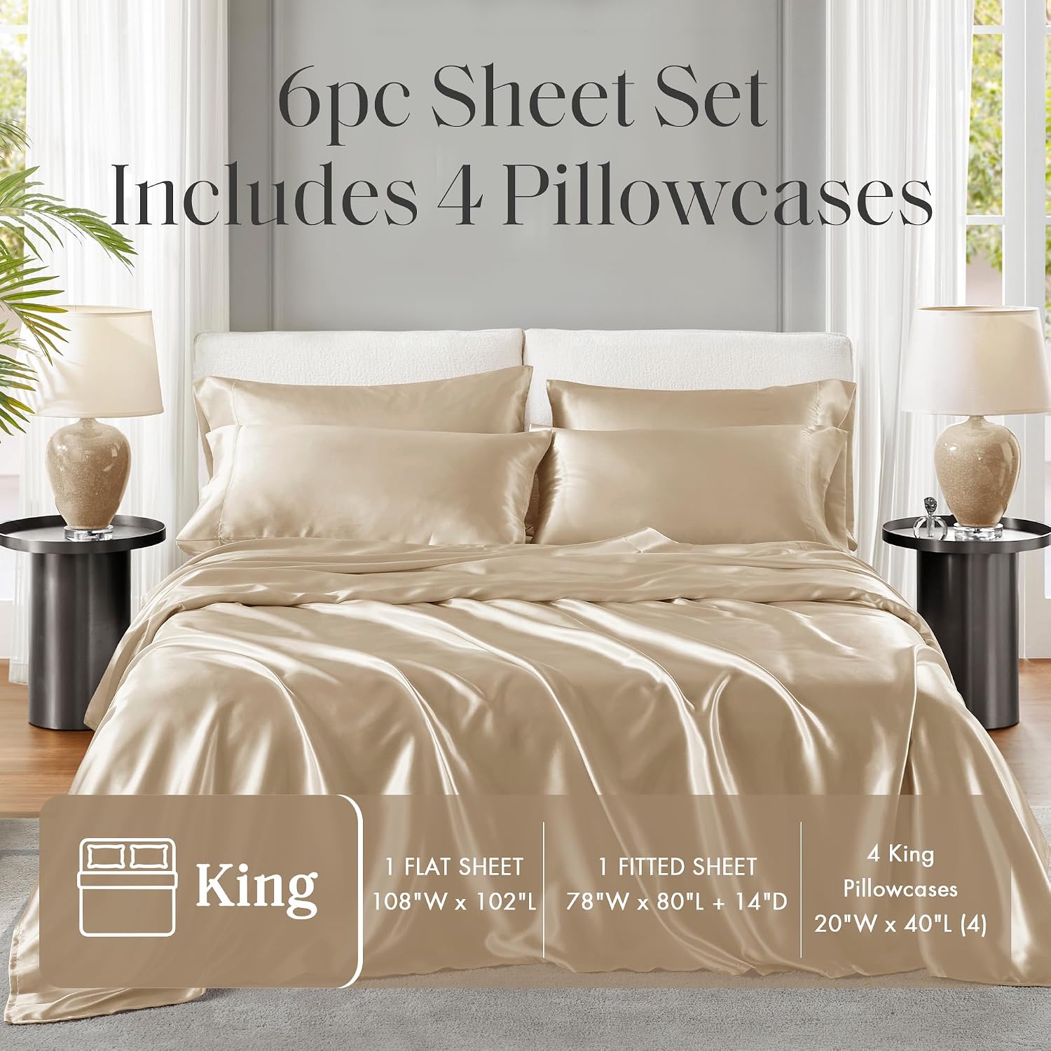 Madisonpark Madison Park Satin Sheets King Size, Luxurious Silky Bed Sheets, Elastic 14" Pocket fits up to 16" Mattress, Wrinkle-Free, Soft…