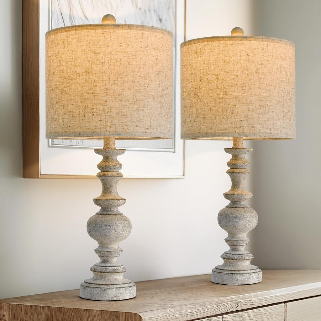 BOBOMOMO 24" Farmhouse Retro Table Lamp Set of 2, Traditional Resin Lamps for Living Room Bedroom, Vintage Bedroom Lamps with Linen…