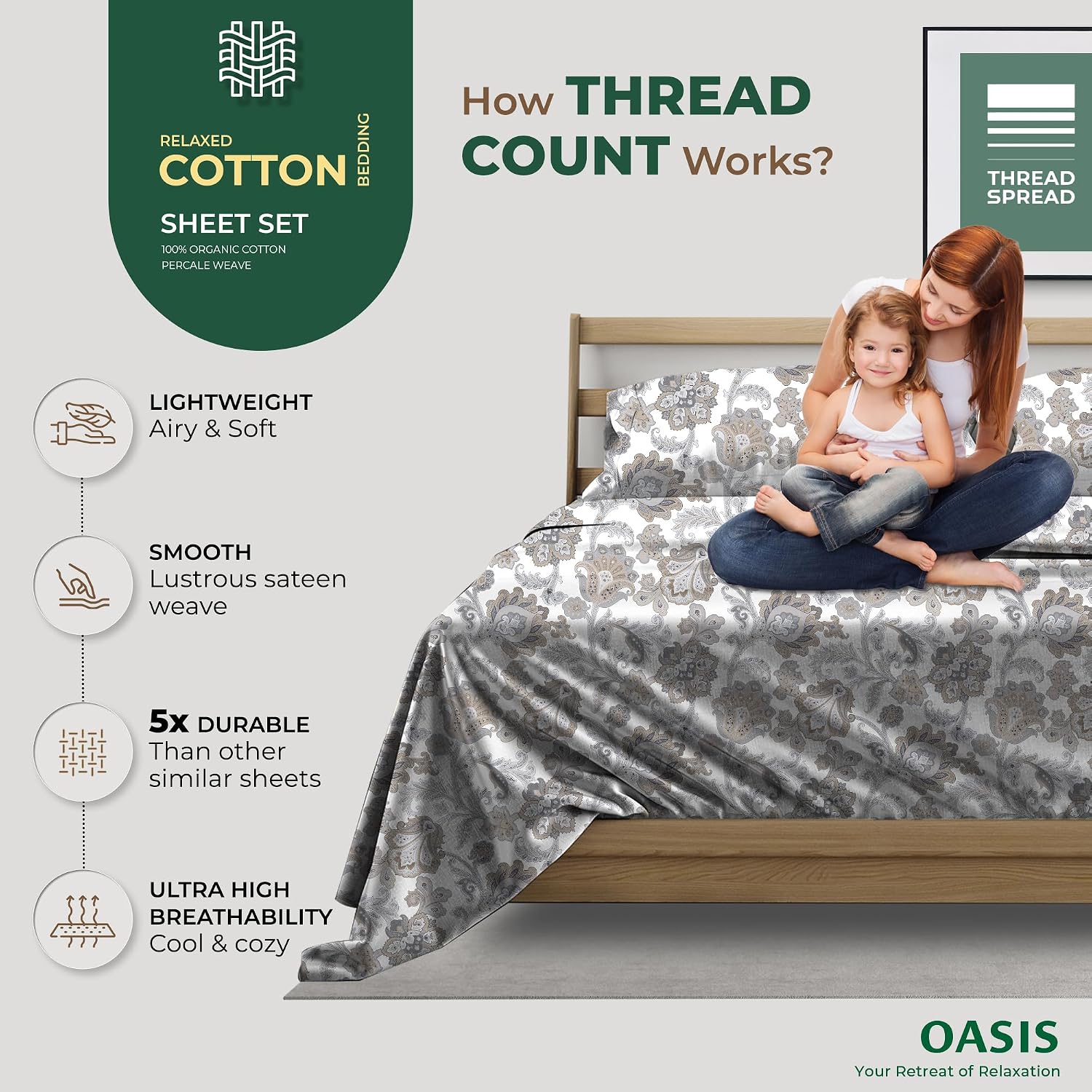 THREAD SPREAD 100% Organic Cotton Sheets California King Size - Organic Cotton Cal King Size Percale Sheet Set (4 PC, Floral Ivory)…