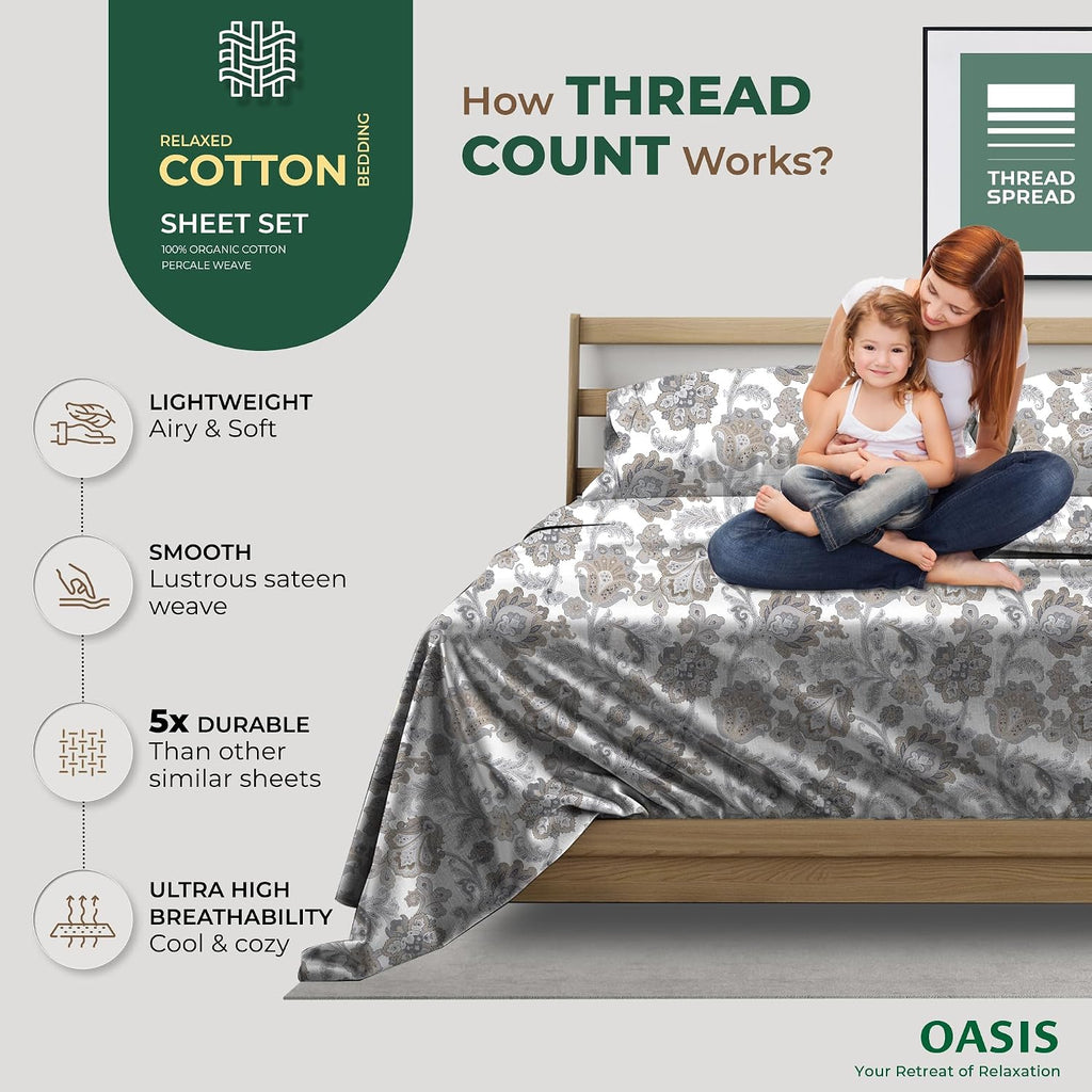THREAD SPREAD 100% Organic Cotton Sheets King Size - Organic Cotton Percale Weave Sheet Set (4 PC, Floral Ivory), Soft, Cooling, Crisp &…