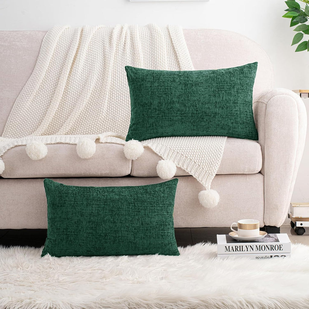 Hwy50 HWY 50 Dark Green Lumbar Pillow Covers 12x20 Inch Pack of 2, Soft Chenille Decorative Throw Pillow Covers Farmhouse for Couch Sofa Li…