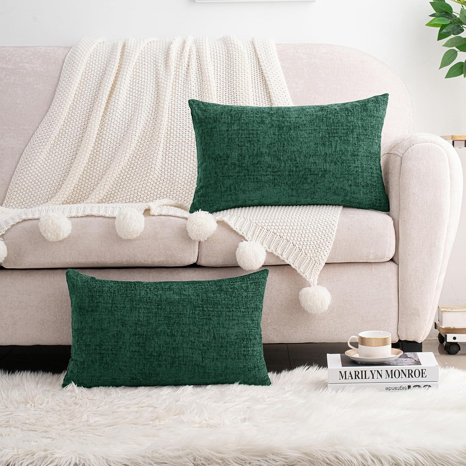 Hwy50 HWY 50 Dark Green Lumbar Pillow Covers 12x20 Inch Pack of 2, Soft Chenille Decorative Throw Pillow Covers Farmhouse for Couch Sofa Li…