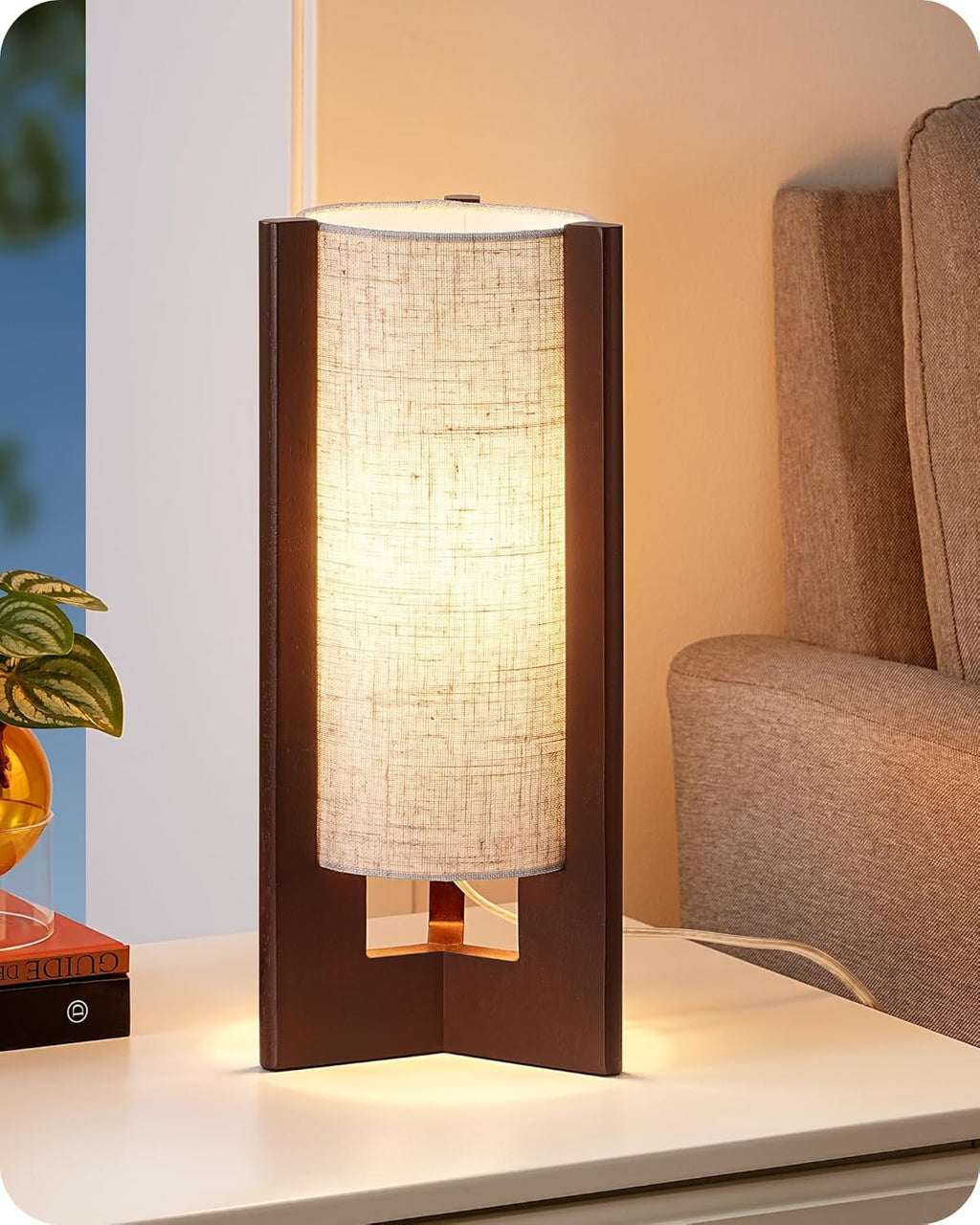 EDISHINE Wood Table Lamp, 13.5" Small Bedside Lamp, Beige Linen Shade, Rosewood Cylinder Nightstand Lamp for Bedroom Living Room, On-Off…