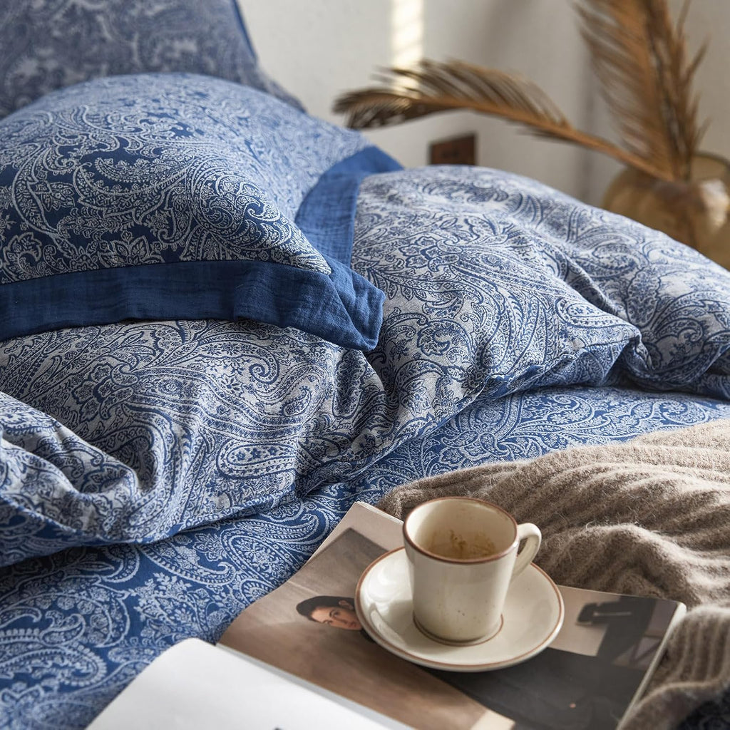 mixinni Muslin Cotton Vintage Navy Blue Paisley Floral Duvet Cover Queen Size 3pcs Yarn Dyed Burgundy Jacquard Weave Bedding Comforter Cove…