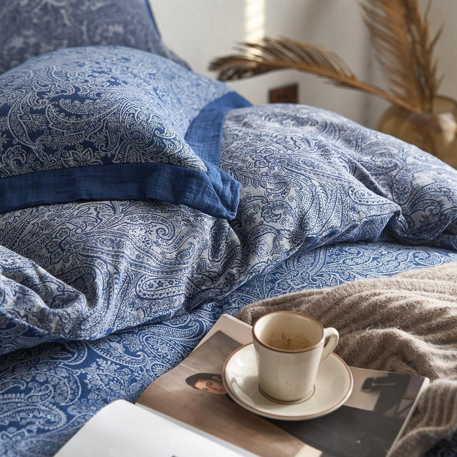 mixinni Muslin Cotton Vintage Navy Blue Paisley Floral Duvet Cover Queen Size 3pcs Yarn Dyed Burgundy Jacquard Weave Bedding Comforter Cove…
