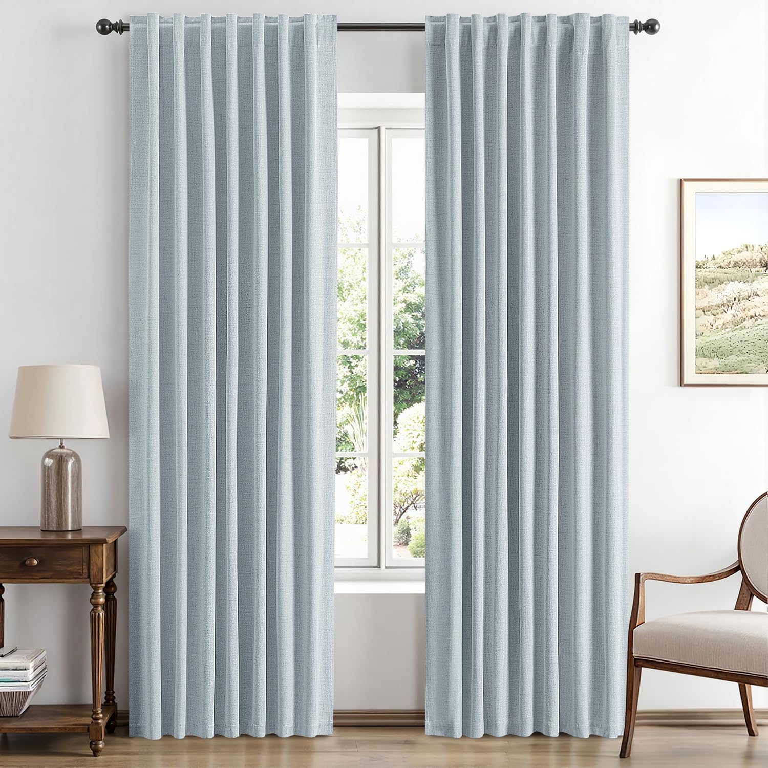 Miulee 100% Blackout Linen Curtains for Bedroom, Chambray Blue Solid Luxury Decor Thermal Insulation Room Darkening Drapes for Living Room…