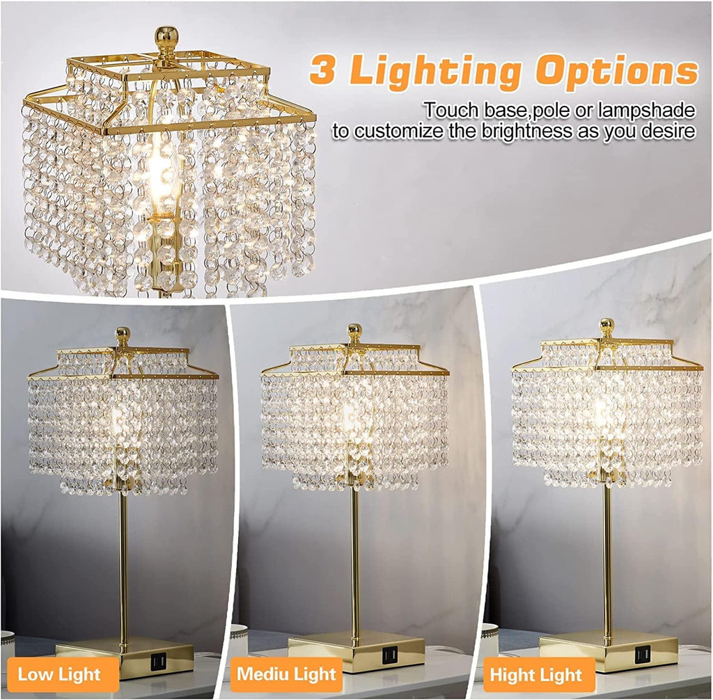 Luvkczc Set of 2 USB Bedside Crystal Table Lamp Gold, Touch Control Lamp, Dimmable Lamp with Crystal Shade for Bedroom, Living Room, 6W…