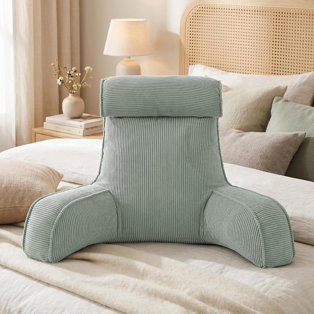 Ailuteie Corduroy Reading Pillow for Sitting Up, Bed Rest Pillow with Arms, Detachable Headrest, Side Pockets & Washable Cover, Back Suppor…