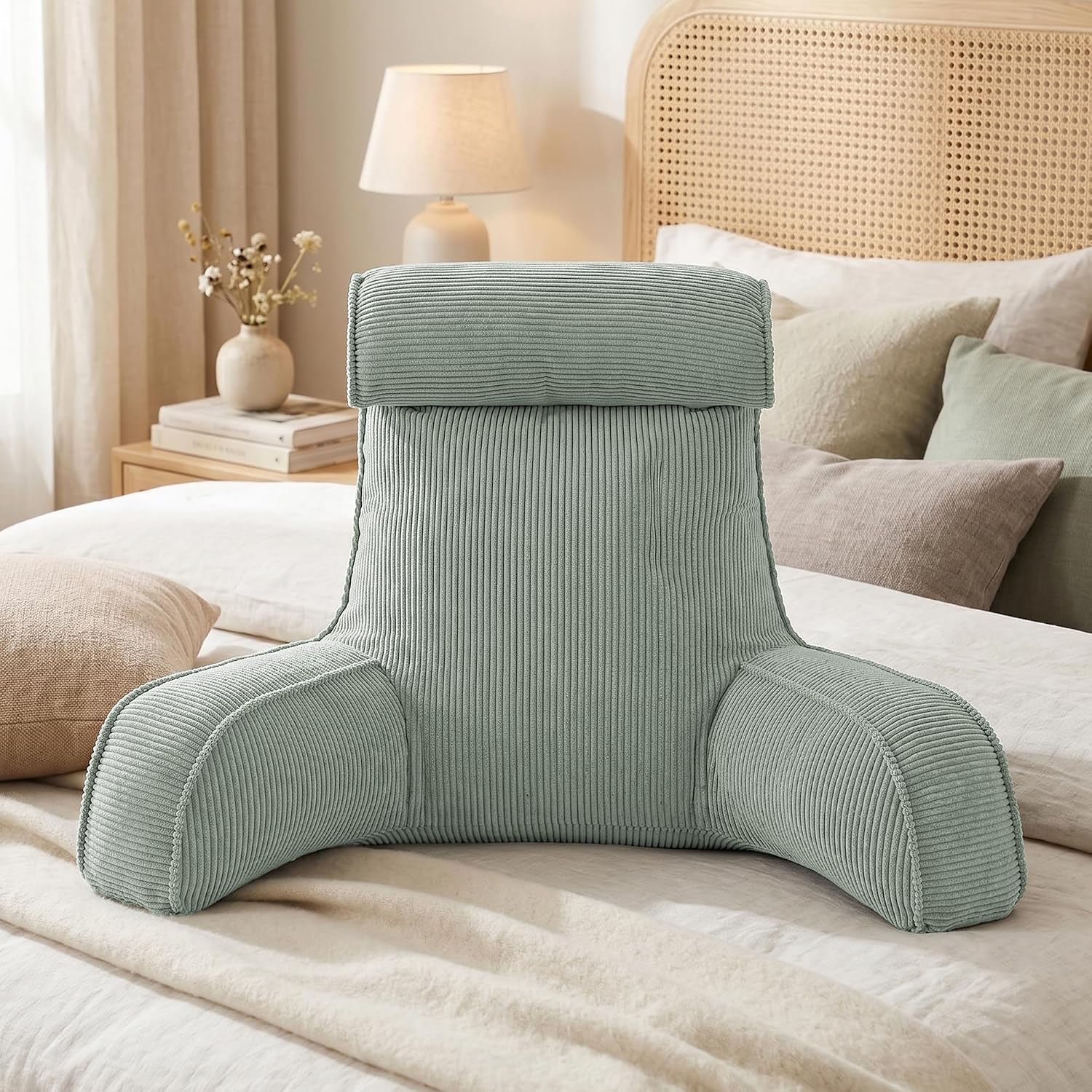 Ailuteie Corduroy Reading Pillow for Sitting Up, Bed Rest Pillow with Arms, Detachable Headrest, Side Pockets & Washable Cover, Back Suppor…