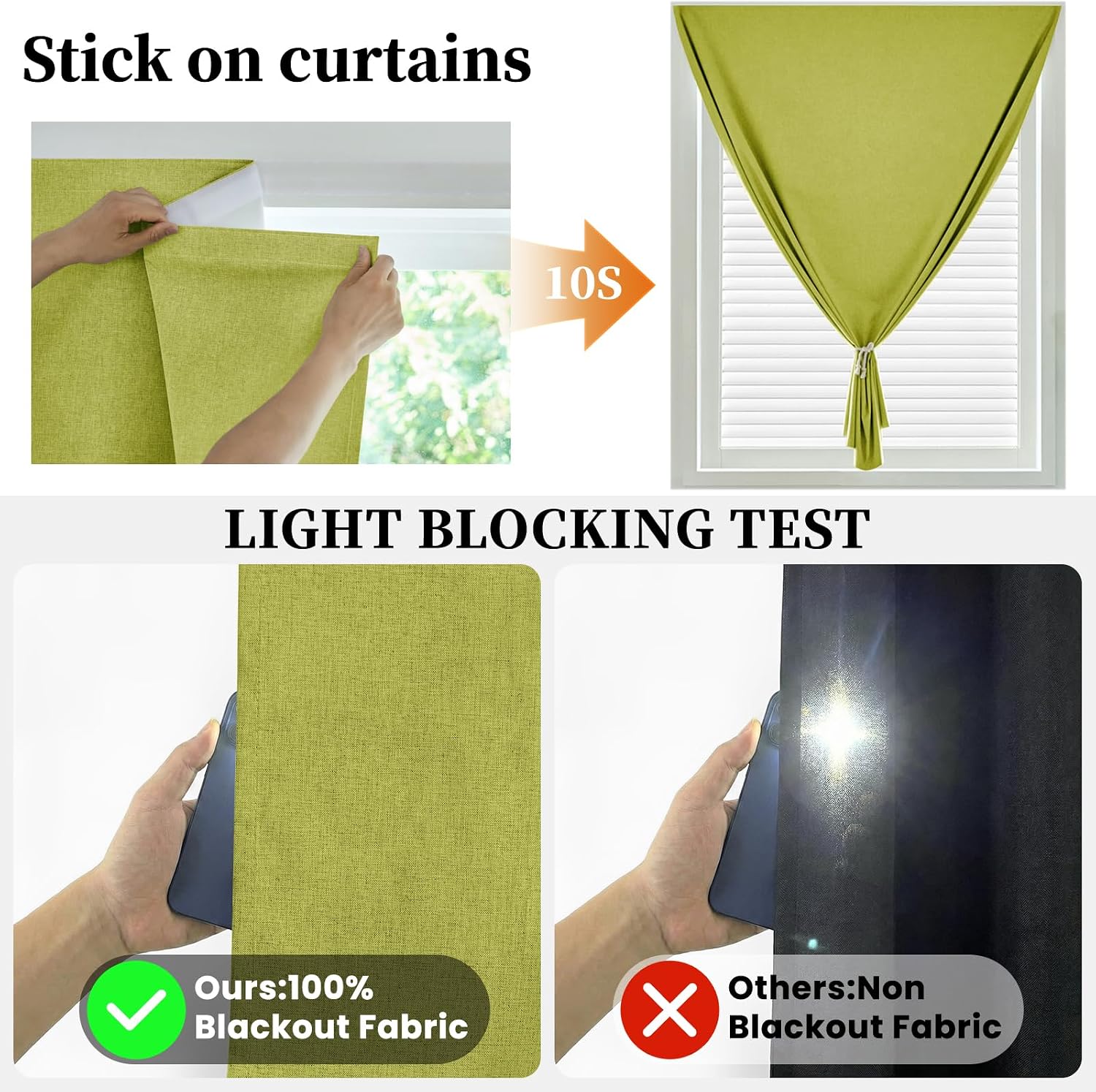100% Blackout Self Adhesive Curtains, Black Out Shade for Window, Fabric Temporary Window Coverings Easy to Hang Curtains No Rod Needed…