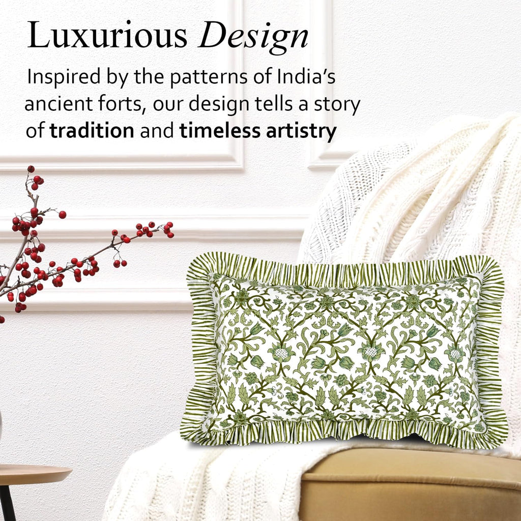 Cottonprintclub CPC Hand Block Print Meadow Vine Ruffle Sham Pillow Cover 20" x 12" inch Hidden Zipper Decorative Pillowcase for Couch, Bed…