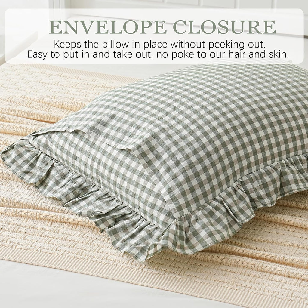 Qilunn 2 Pack Sage Green White Plaid Ruffle Pillow Shams Standard Size 20x26 inches, 100% Cotton Gingham Checkered Farmhouse Pillowcases fo…