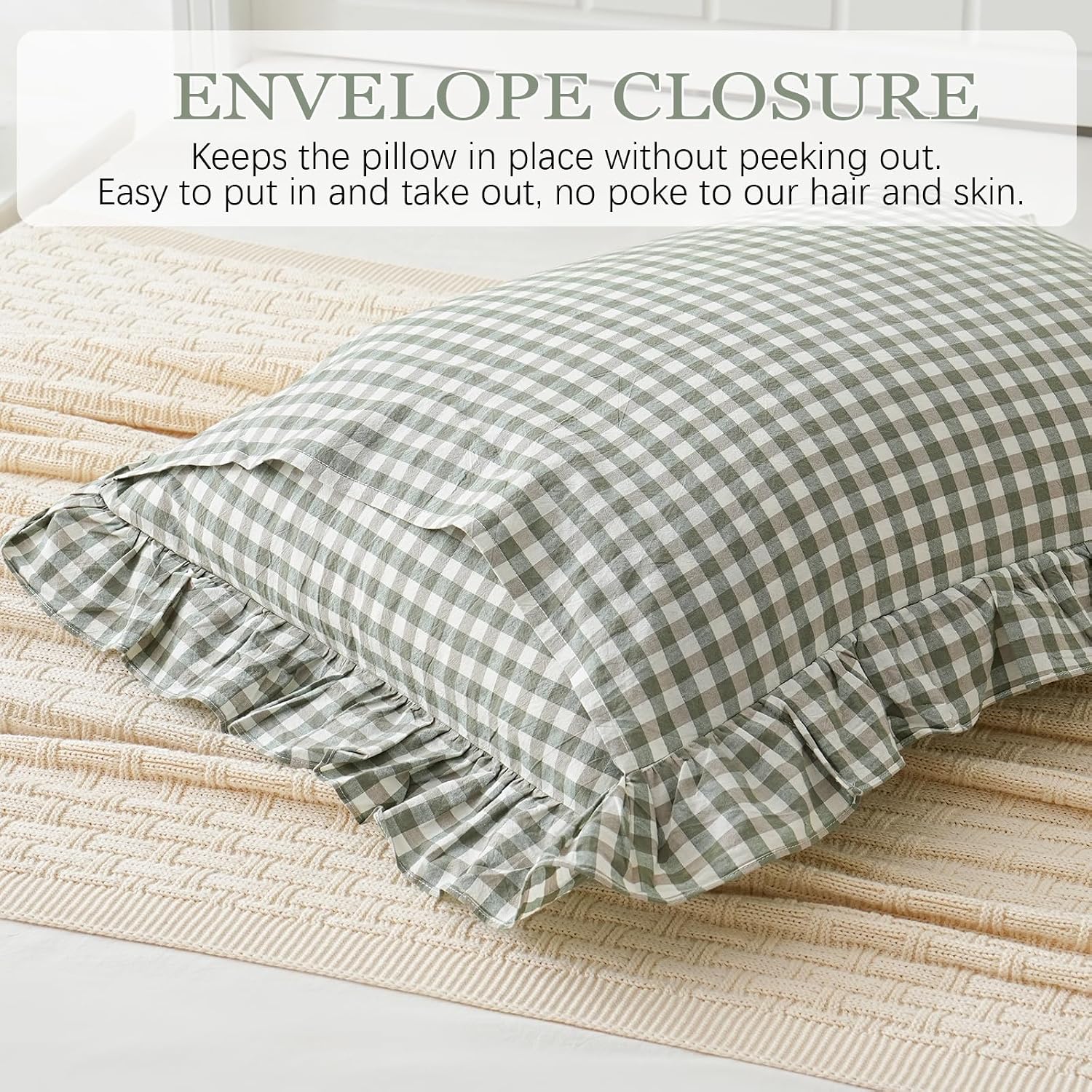 Qilunn 2 Pack Sage Green White Plaid Ruffle Euro Shams Pillow Covers 26x26 inches, 100% Cotton Gingham Checkered Farmhouse Pillowcases for…