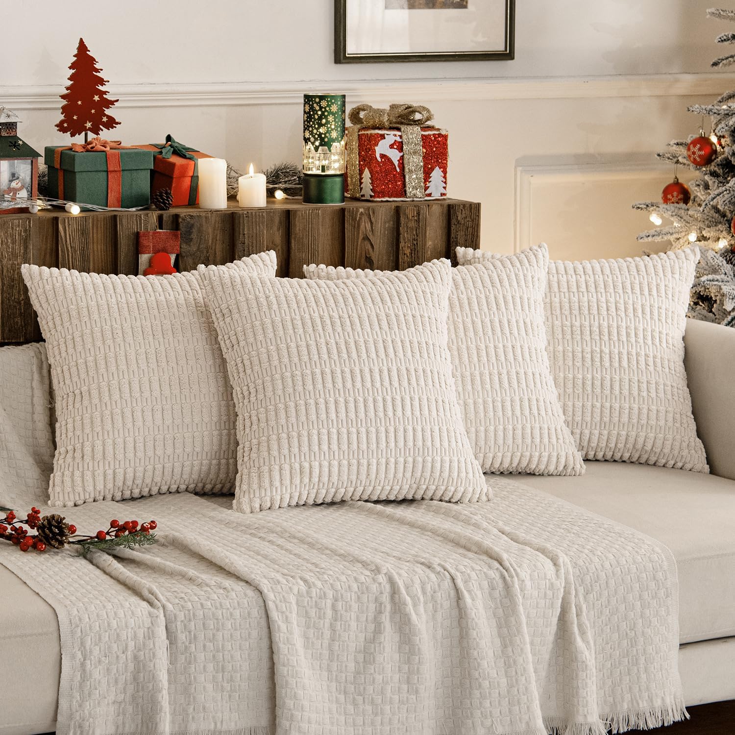 Miulee Pack of 4 Cream White Corduroy Christmas Decorative Throw Pillow Covers 18x18 Inch Soft Boho Striped Pillow Covers Modern Farmhouse…