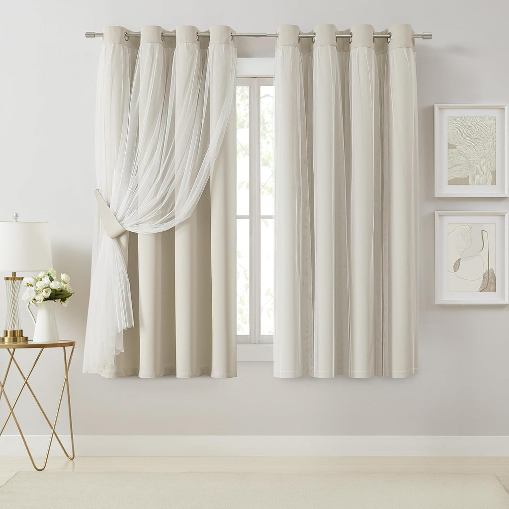 Bujasso Beige 80% Blackout Curtains with Sheer Overlay Mix and Match Double Layer Thermal Insulated Window Panels 63 inch for Living Room B…