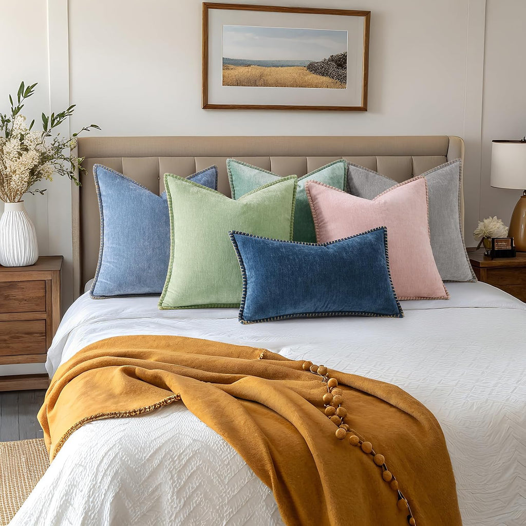 decorUhome Chenille Soft Cozy Throw Pillow Covers 18x18 Set of 2, Modern Farmhouse Boho Velvet Decorative Pillow Cases with Stitched Edge f…
