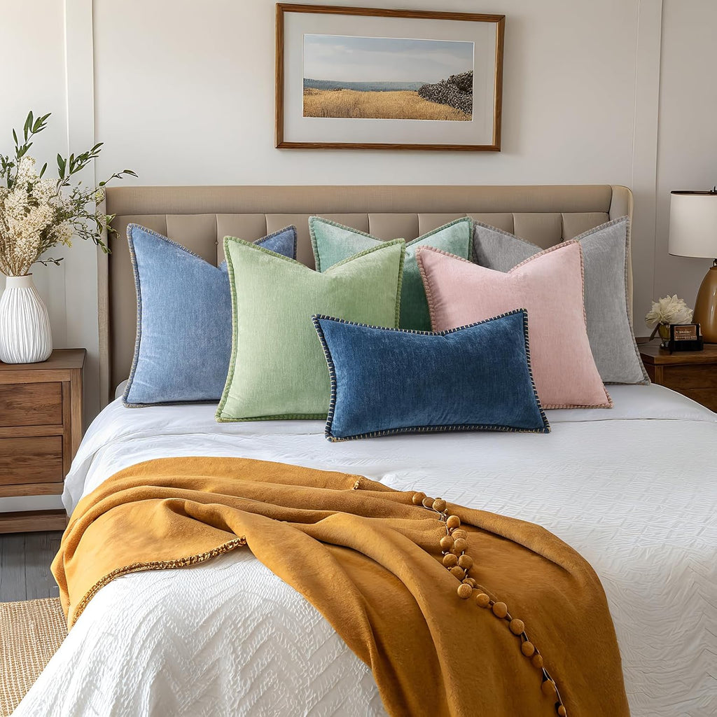 decorUhome Chenille Soft Cozy Throw Pillow Covers 16x16 Set of 2, Modern Farmhouse Boho Velvet Decorative Pillow Cases with Stitched Edge f…