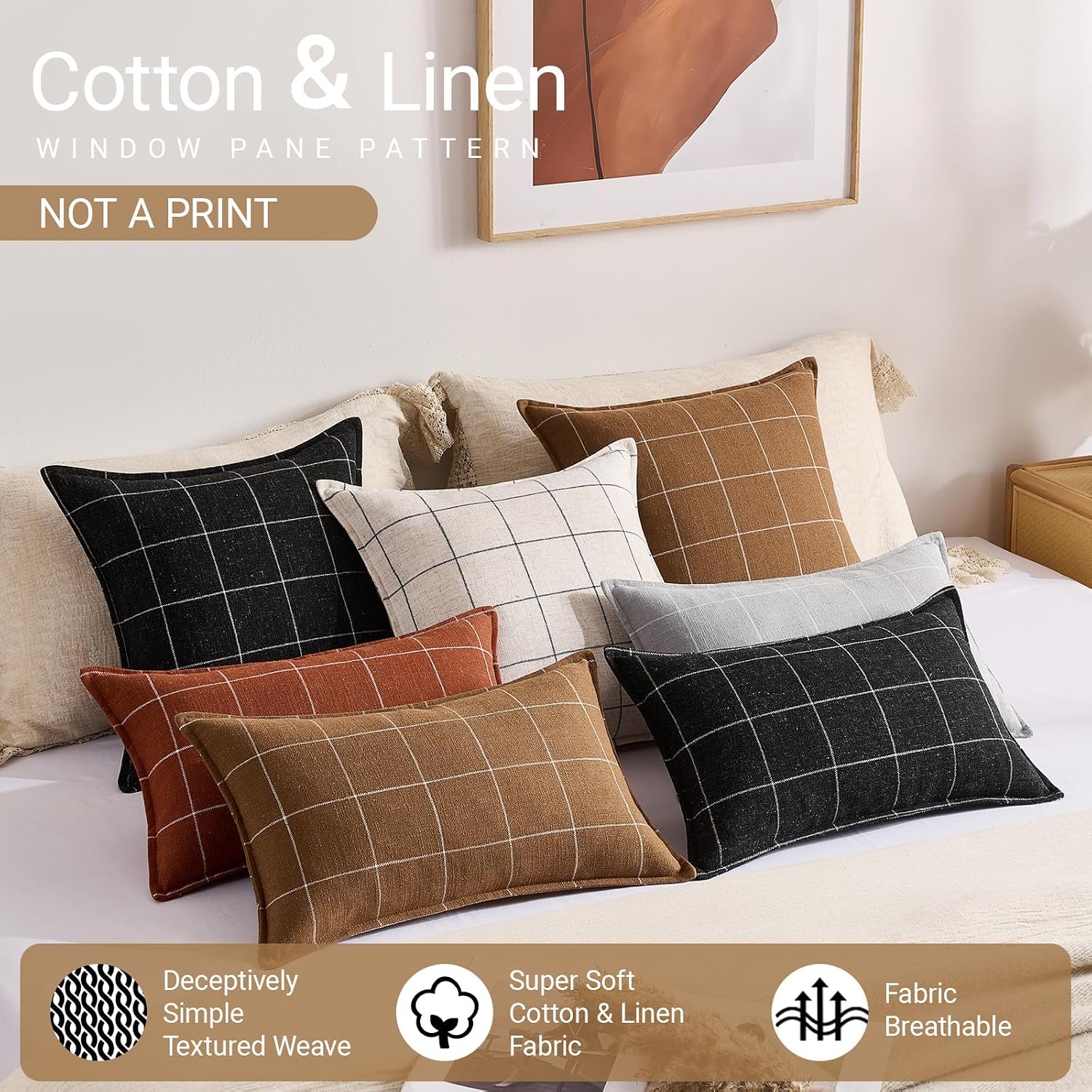 Brown Lumbar Plaid Throw Pillow Covers 12x20 Set of 2, Vintage Boho Decorative Chocolate Brown Plaid 12 x 20 Pillow Covers, Rustic…